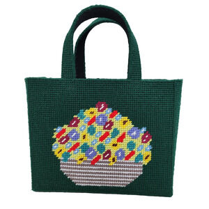 VTG Handmade Needlepoint Tote Bag Floral Canvas Plastic Purse Craft Knit 11x9